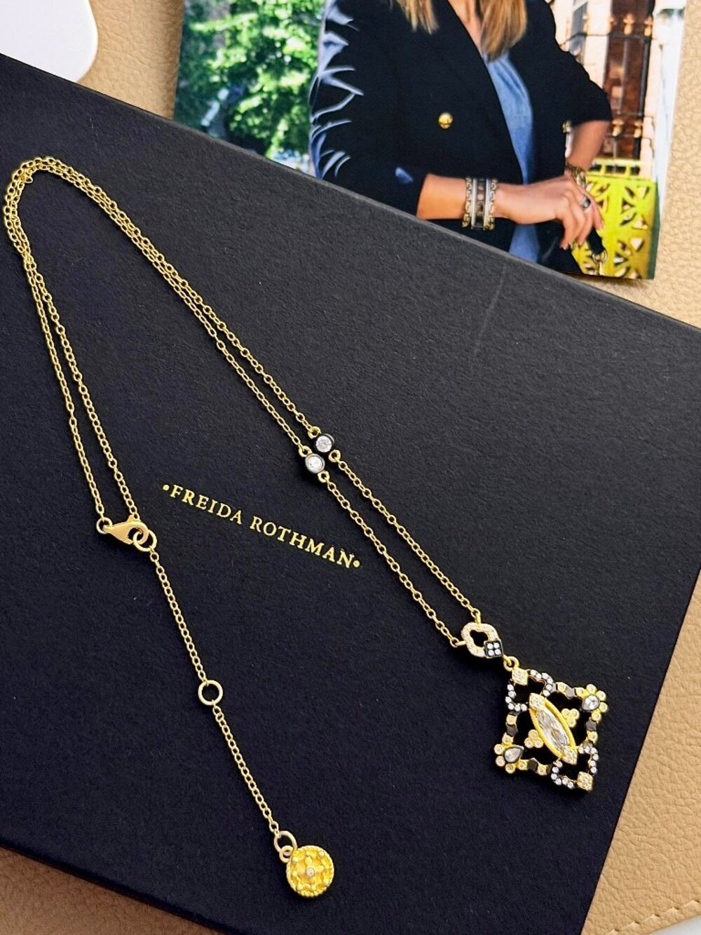 FREIDA ROTHMAN - Gold Necklace Sterling Silver with Diamond Shape Floral Pendant